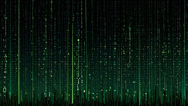 Digital Code Rain with Falling Lines of Glowing Green Code