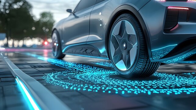 Futuristic Electric Car Receiving Wireless Power From Glowing Road