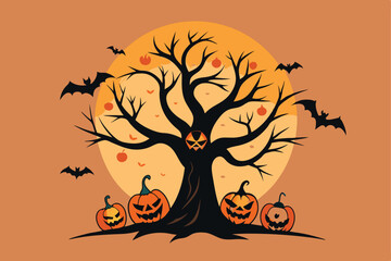 Halloween tree with pumpkins and bats, t-shirt design vector.