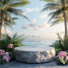 A stone podium for product presentation, set against a backdrop of palm trees and flowers, with a tropical landscape vibes.

