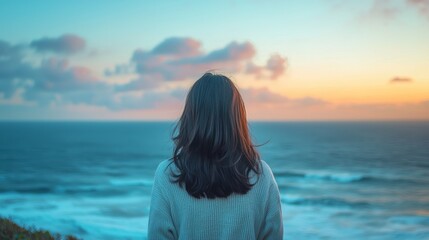Obraz premium A Japanese woman standing by the ocean, the sky above filled with pastel colors of early morning