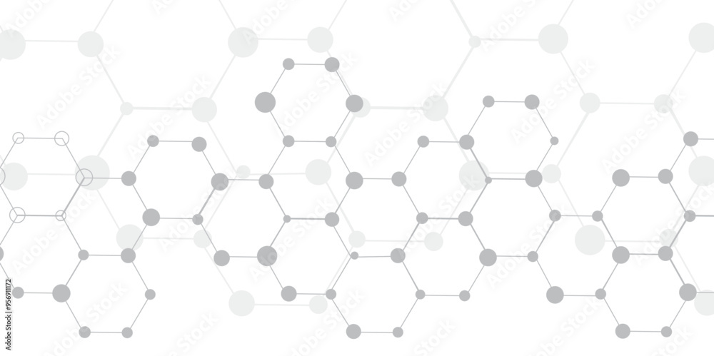 Poster Molecular structure abstract tech background. Geometric white background. Vector banner design with hexagons. Science network pattern, connecting lines and dots Medical background, Vector illustration
