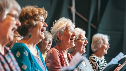 A vibrant senior women's choir performing on stage, showcasing their joy and unity through shared melodies and harmonies.