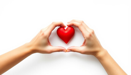Fototapeta premium female hands clasp a small red heart, white background