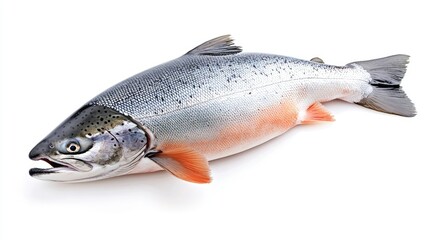Obraz premium High-resolution image of a whole salmon with its head and tail on a white background, emphasizing its sleek body and glistening scales.