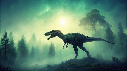 Prehistoric creature silhouette morning misty eerie calmness faded green hues rough texture