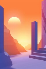 Abstract Geometric Landscape with Sunset and Stairs