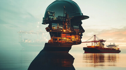 Double exposure Engineer hardhat collaborates with global partners to develop sustainable shipping solutions.