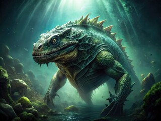 Primitive reptile shape subtle faded green hues ancient massive beast lurking underwater darkness eerie atmospheric tone rough texture