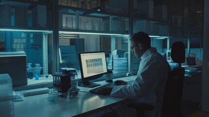 A scientist in a dimly-lit lab is engrossed in his computer, surrounded by shelves of equipment, with screens reflecting analytical data, creating an atmosphere of intense research.