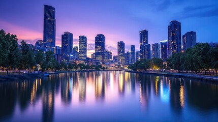 Fototapeta premium Cityscape with Reflections of Skyscrapers in a Calm Waterway