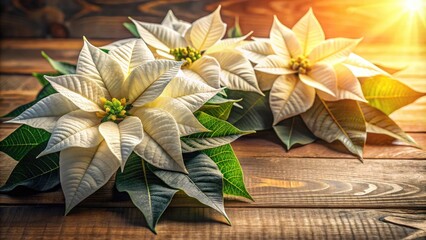 Fototapeta premium Delicate white poinsettia blooms with subtle cream-colored centers and tender green leaves sit atop a rustic wooden table, surrounded by soft golden light and shadows.