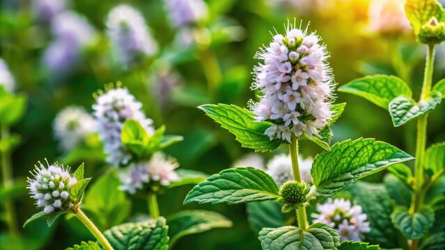 Delicate white peppermint flowers with purple-tinged petals and bright green leaves sprout amidst a lush meadow, evoking a sense of freshness and serenity.