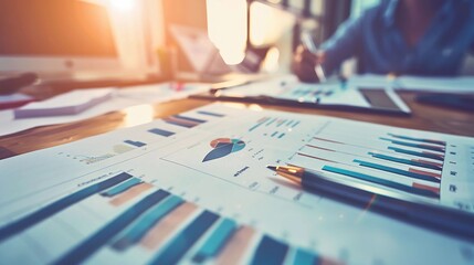 Close-up of business charts and graphs on a desk, indicating analysis and planning.