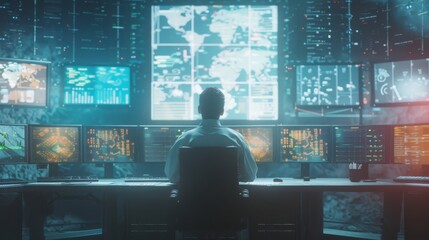 Fototapeta premium A person is intently focused on a high-tech control room with multiple screens displaying various data and maps.
