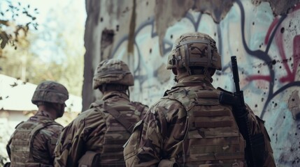 Obraz premium Soldiers fully geared up and prepared, walk through a graffiti-stricken urban area, demonstrating tactical coordination and alertness.
