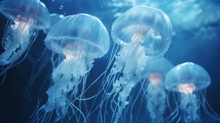 Many light blue jellyfishes in deep dark blue water. Neural network ai generated art