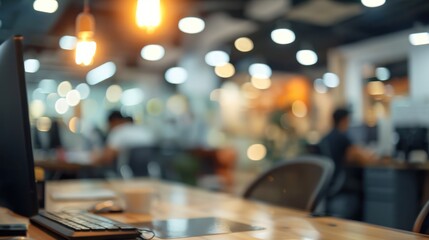 Business desk office computer with blurred people bokeh lamp light neon background