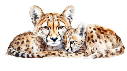 Obraz premium A beautiful watercolor illustration of a cheetah and its cub, showcasing the bond between mother and child in nature.