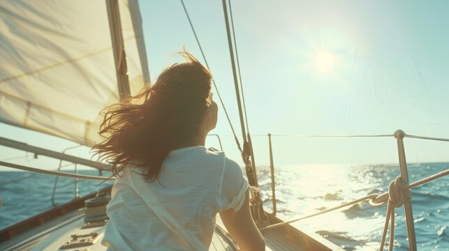 A woman watches the sun glint off the ocean as she sails, hair flowing in the wind, capturing a moment of tranquil, sun-kissed adventure.