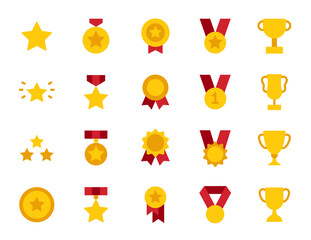 Award and winner icon set. Set of awards simple flat icons. Medal icon collection. Duotone color. Containing medal, medal ribbon, ribbon, st place, gold, badge, award, number, cup, star, trophy