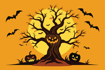 Halloween tree with pumpkins and bats, t-shirt design vector.