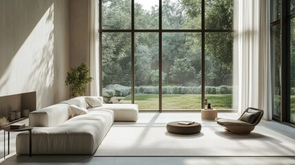 High-resolution shot of a minimalist living space with large windows, natural light, and a few carefully chosen decorative elements for a sophisticated look.