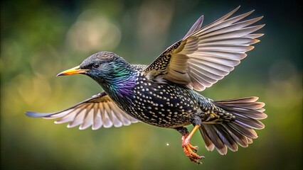 Detailed realistic portrait of a starling in flight