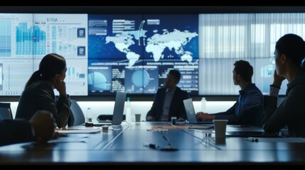 A modern conference room with people engaged in a business presentation, showcasing interactive screens with global charts and data.