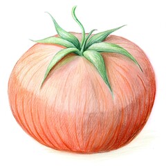 A hand drawn illustration of a plump. ripe tomato. rendered in vibrant red and green hues.