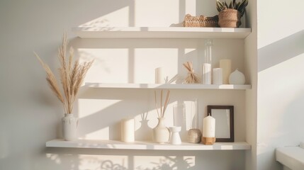 Fototapeta premium Sunlit white shelving adorned with a variety of minimalistic ceramic vases, candles, and dried plants, creating a cozy and serene home décor scene.