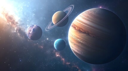 Close-Up of Gas Giants: A close-up view of the solar system’s gas giants—Jupiter, Saturn,...