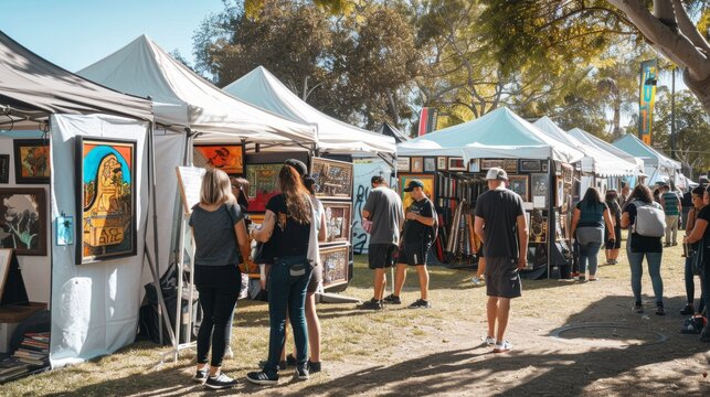 An open-air market event with people shopping and interacting, set against the backdrop of tents showcasing various artworks and vibrant displays.