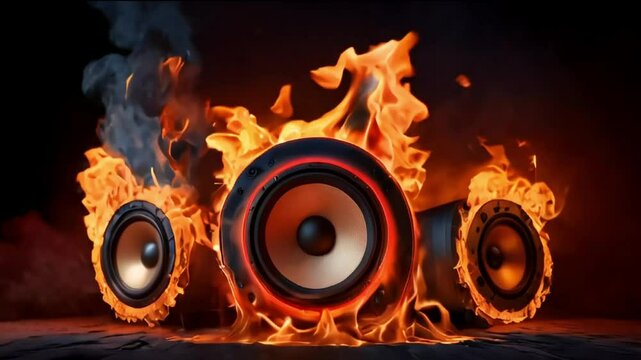 Firing or burning speakers with flames, smoke around three speakers on a dark background. Hot Music concept. 