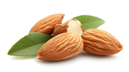 Detailed view of almonds with leaves, isolated on a white background.