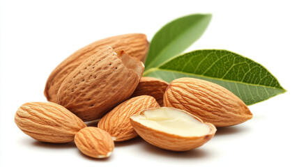 Detailed view of almonds with leaves, isolated on a white background.