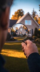 Real estate agent client house magnifying glass inspecting property concept