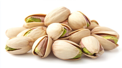 Close-up of tasty pistachios, isolated against a white background.