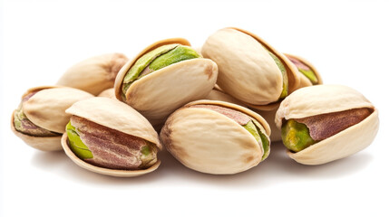 Close-up of tasty pistachios, isolated against a white background.