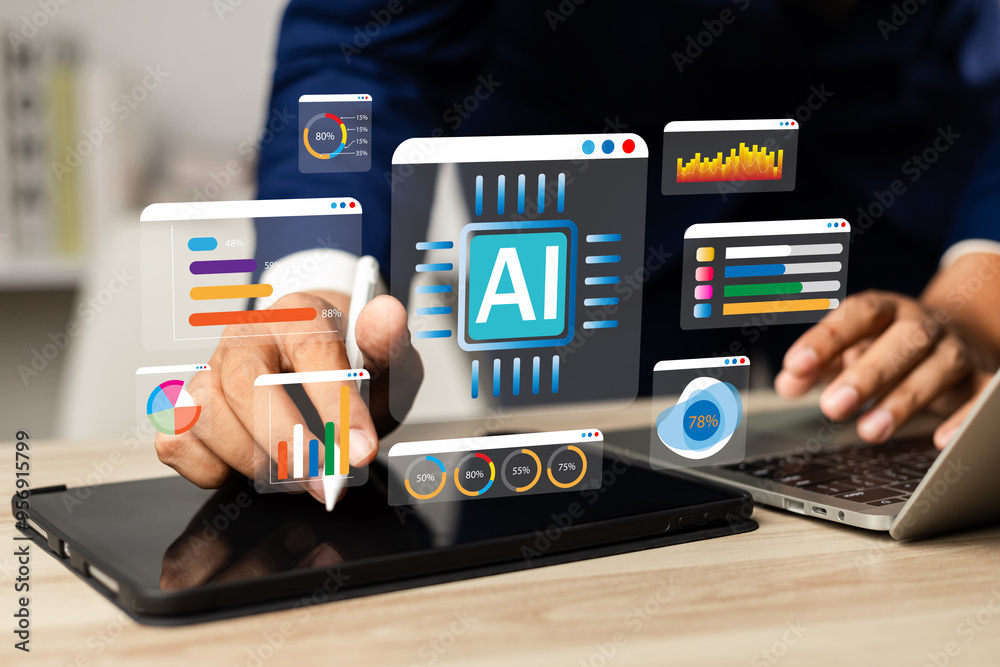 Wall mural businessman use artificial intelligence ai technology for enhanced work efficiency data analysis and