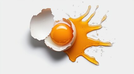 A close-up of a broken egg with a bright yolk and surrounding egg white, showcasing its fresh texture and vibrant color.