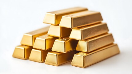 A pristine stack of gold bars shines brightly against a white background, symbolizing wealth and security.