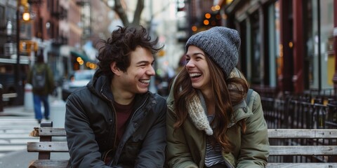 Fototapeta premium Two friends having a fun conversation and laughing while sitting on a bench in the city