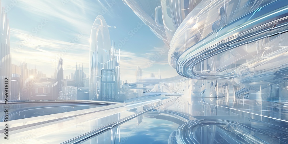 Poster a futuristic cityscape with buildings connected by transparent bridges and walkways, symbolizing urb