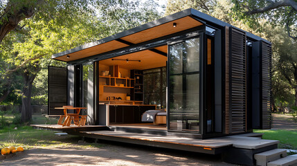 A tiny home with smart storage solutions and automation systems to maximize space and efficiency 