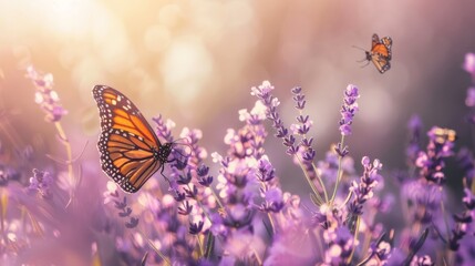Two monarch butterflies gracefully flutter among a field of blooming purple lavender, bathed in the warm glow of the golden hour.