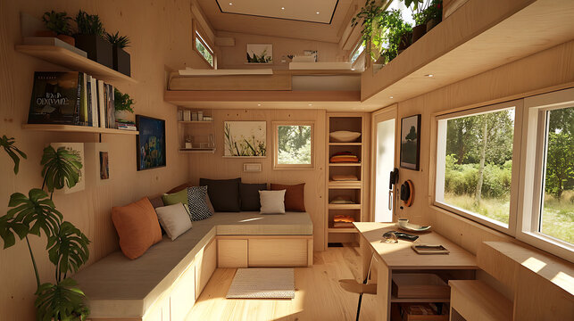A tiny home with smart storage solutions and automation systems to maximize space and efficiency 