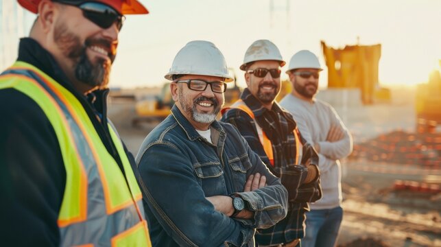 Four construction workers with hard hats and safety vests stand proudly at a construction site, smiling confidently under the warm glow of the setting sun.