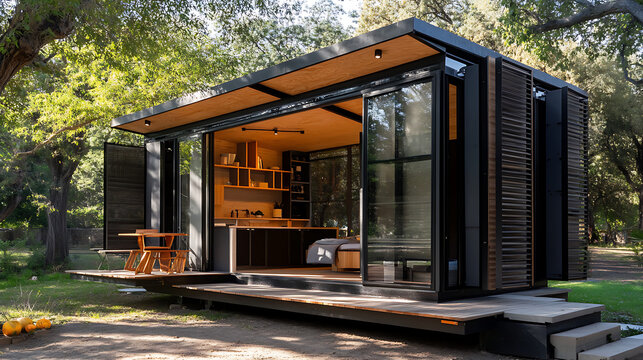 A tiny home with smart storage solutions and automation systems to maximize space and efficiency 