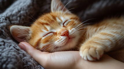Sweetly sleeping ginger kitten close-up